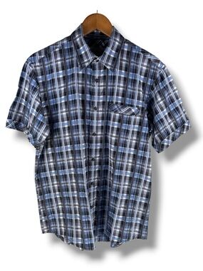 J. Campbell 100% Cotton Button-Down Short Sleeve Blue Black White Plaid Medium